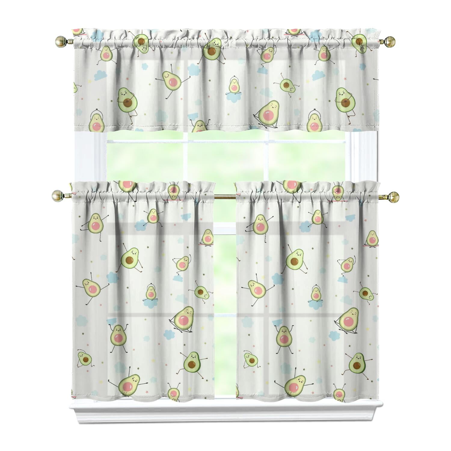 Fruit Pattern Avocado Kitchen Curtains Set, Green Aesthetic Tier and Valance with Kawaii Design Print, Fresh Art Illustration Curtains for Avocado Lovers