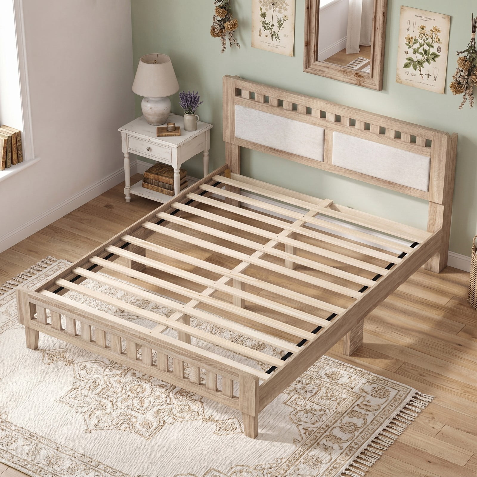 Furnibear Queen Bed Frame Wood Platform Bed with Upholstered Fabric Headboard and 12 Plywood Slat Support, Rustic Oak