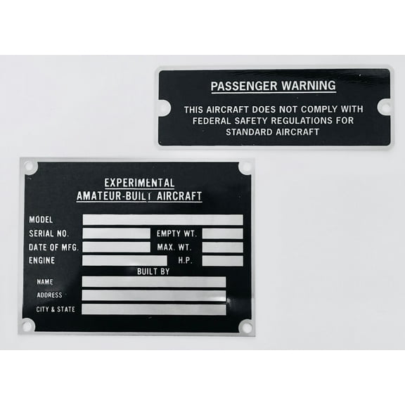 Amateur-Built/Experimental Aircraft Placard & Data Plate Grouping GRP-0113