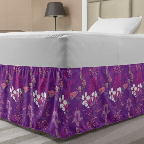 Garden Art Bed Skirt, Wedding Themed Exotic Tropical Flowers and Leaves Summer, Elastic Bedskirt Dust Ruffle Wrap Around for Bedding Decor, 4 Sizes, Violet Magenta, by Ambesonne