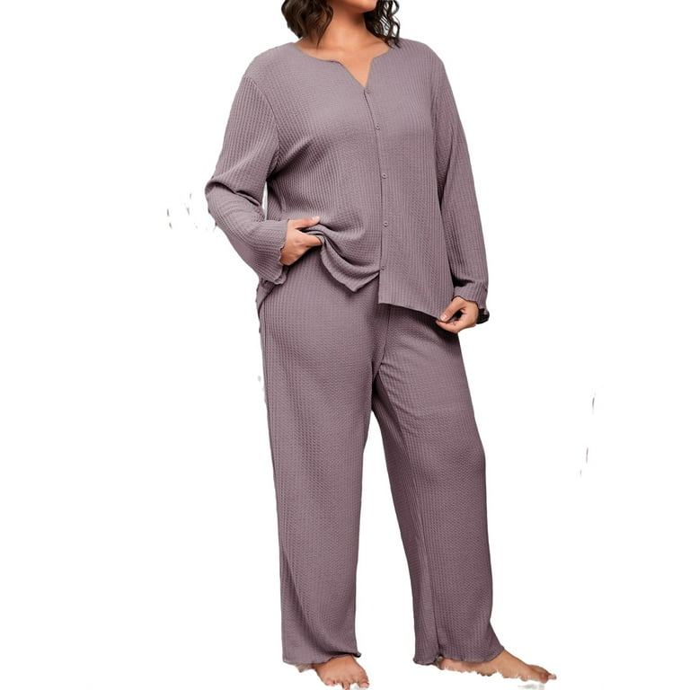 Mauve Purple Casual Plain Notched Neck Pant Sets Long Sleeve Plus Size Pajama Sets Women s Plus Walmart