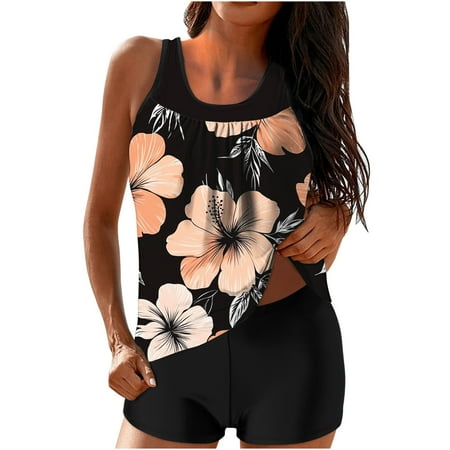 ZQGJB Tankini Swimsuits for Women Two Piece Bathing Suits Mesh Patchwork Scoop Neck Blouson Tank Top with Boyshorts Tummy Control Modest Swimsuits(Multicolor#17 M)
