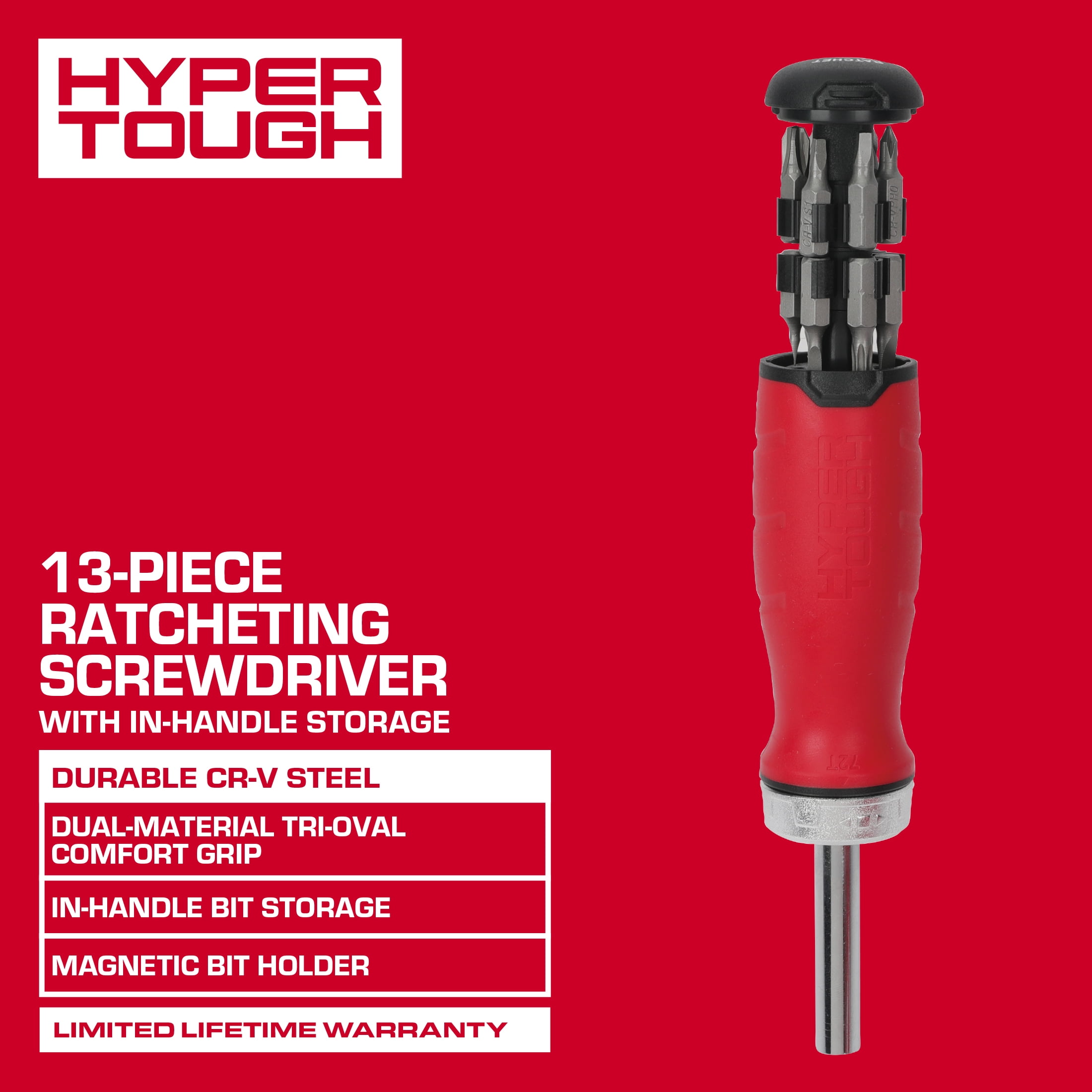 Hyper Tough 13-Piece Ratcheting Screwdriver with In-Handle Storage