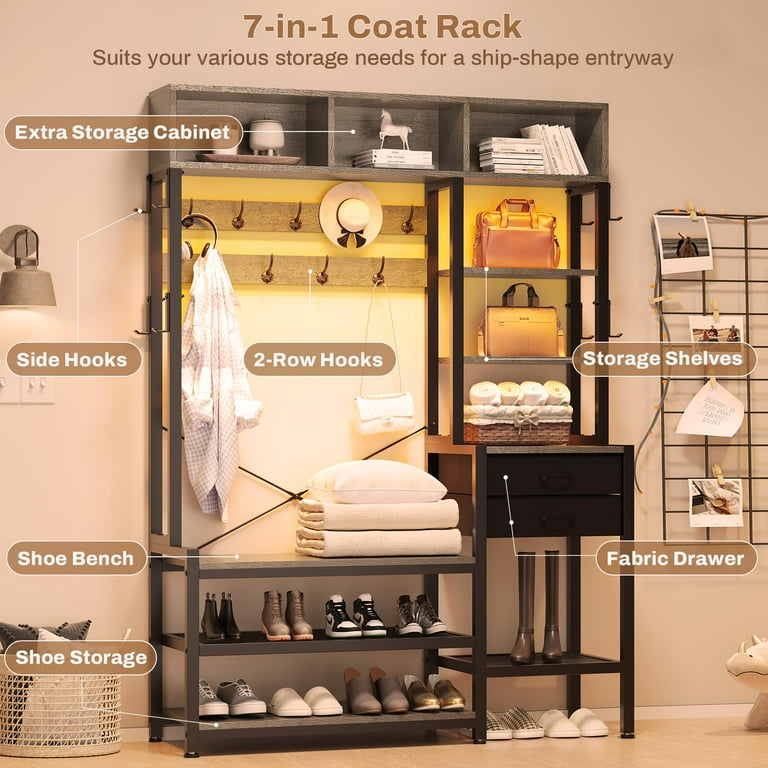 7 in 1Coat Rack with Storage Shelves and Fabric Drawers Hall Tree with Bench and Shoe Storage with Storage Cubbies Coat Hooks Oak Grey