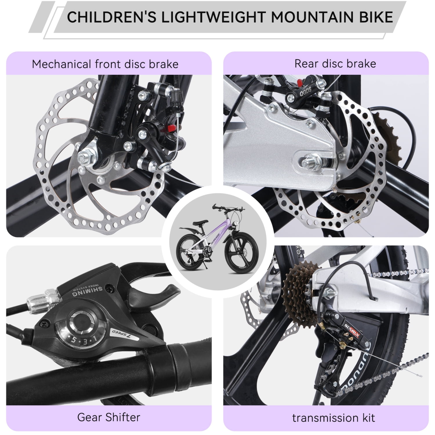 20 Inch Kids Mountain Bike, 7-Speed Kids' Bicycles for Boys and Girls with Dual Disc Brakes, Magnesium Alloy Frame and LED Headlight, Purple