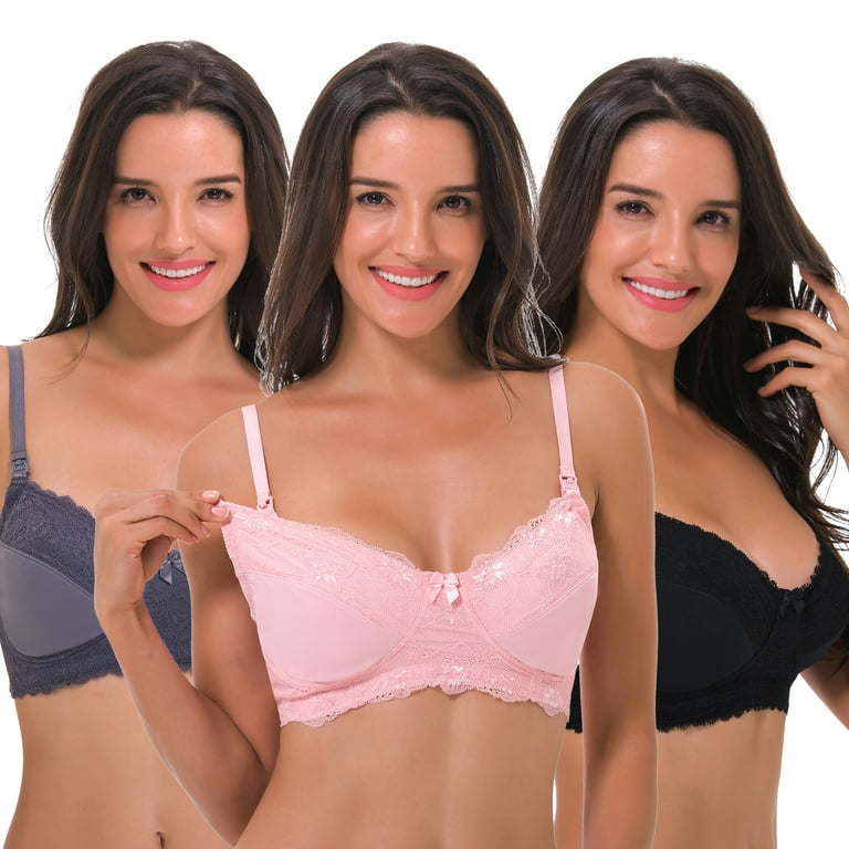 Curve Muse Women's Plus Size Nursing Wirefree Bra With Full Figure  Lace-3Pack-BLACK,NUDE,GRAY-48D