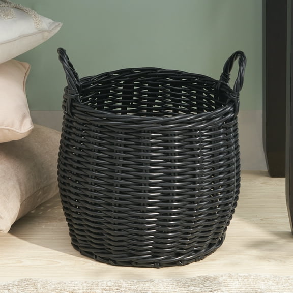 Bathroom Storage Cabinet Lucius Round Resin Woven Wicker Basket with Handles - 13" x 13" x 10.2" - Black - For Clothes, Towels, Toys, Magazines Storage and Home Decoration,Bathroom Vanity
