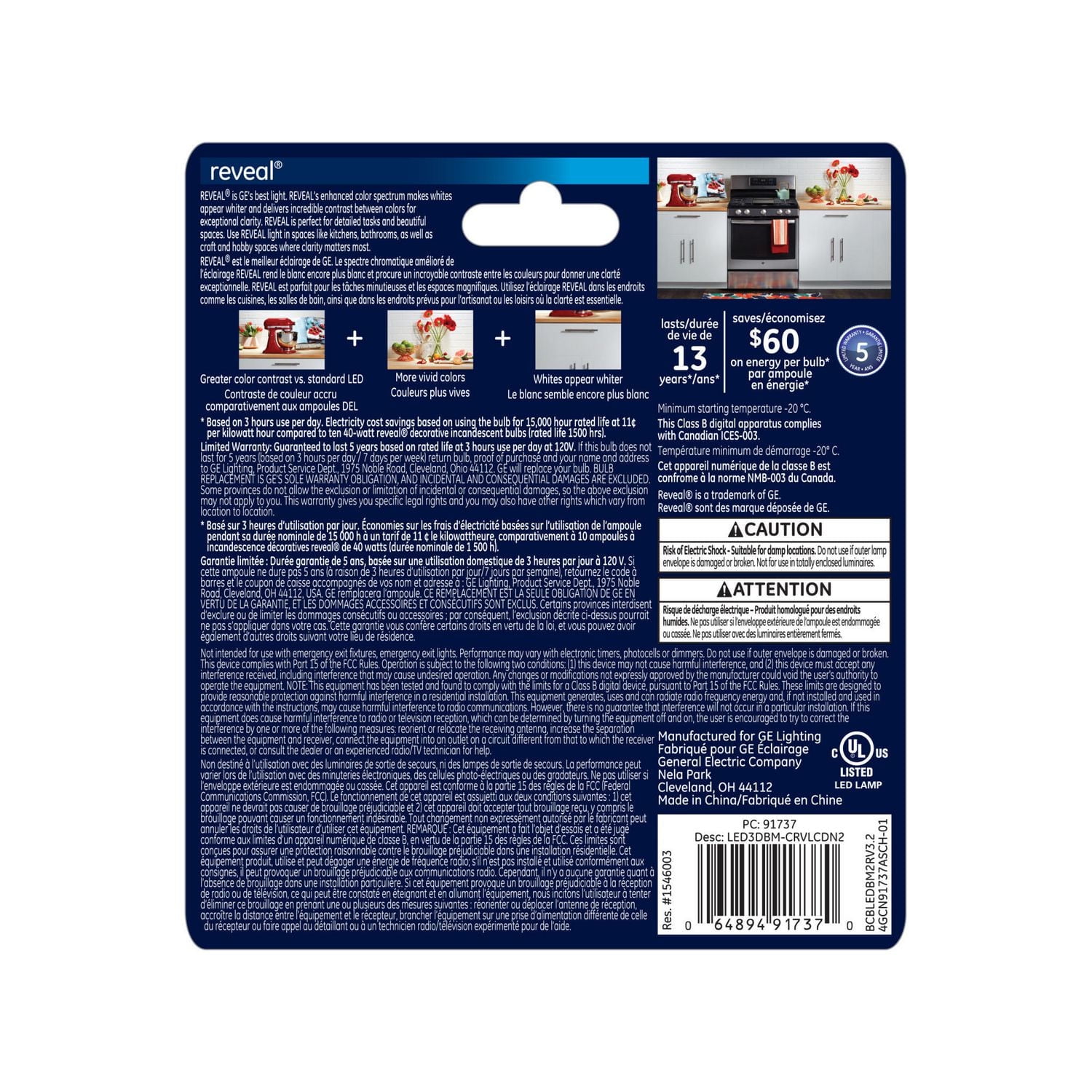 General Electric 3W HD+ LED BM Reveal Light Bulb