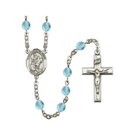 St. Martin of Tours Silver-Plated Rosary 6mm March Light Blue Fire Polished Beads Crucifix Size 1 3/8 x 3/4 medal charm
