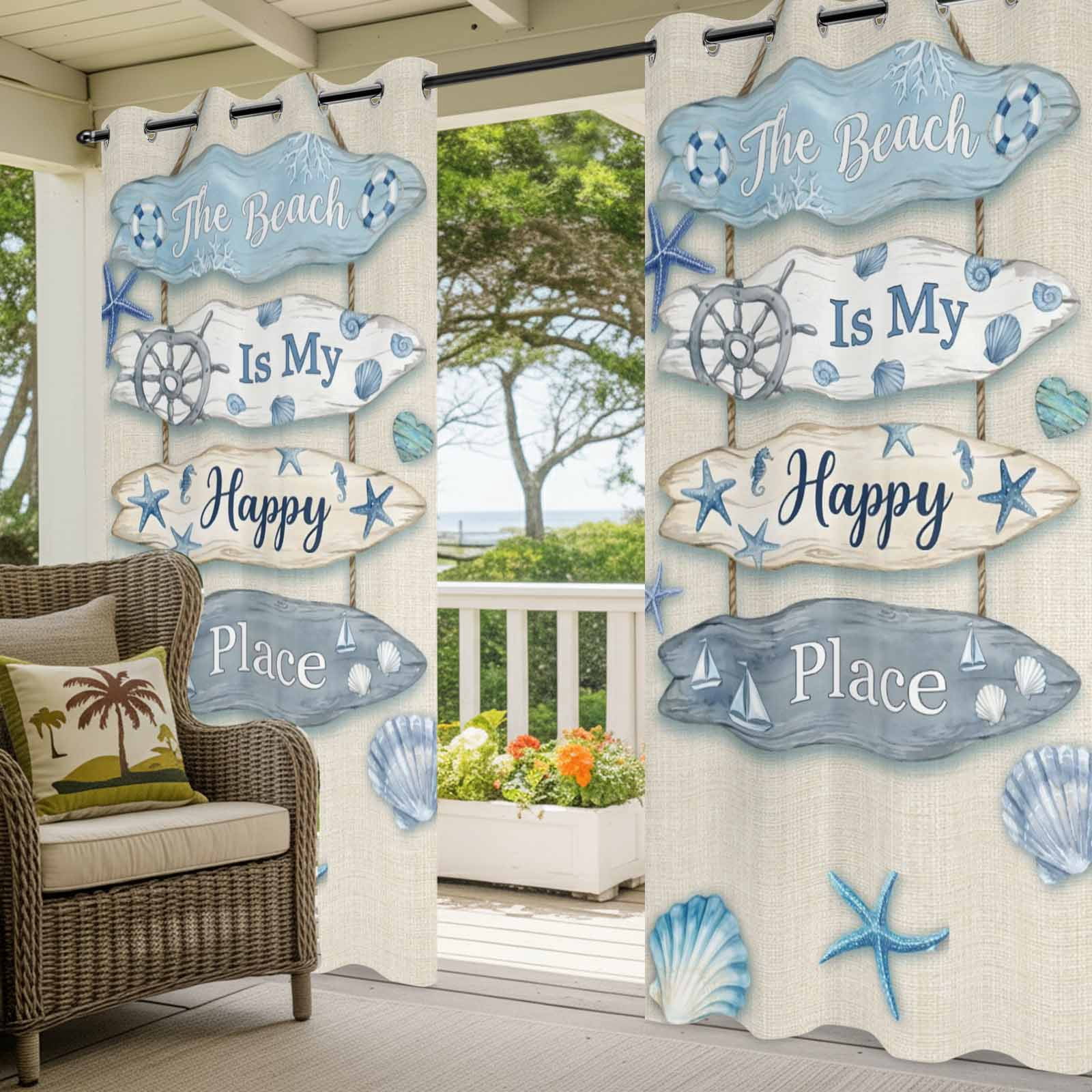 The Beach Is My Happy Place Outdoor Curtains for Patio, Summer Ocean Blue Starfish Shell Seahorse Linen Sunshade Privacy Drapes Grommet Waterproof Outside Curtains for Porch Balcony 54"x108", 1 Panel