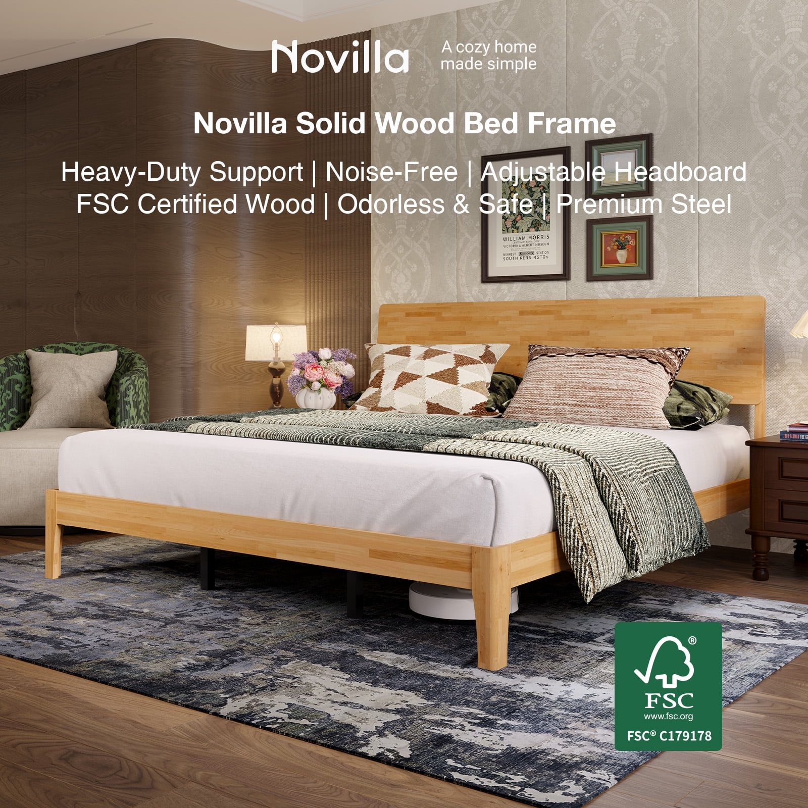 Novilla Bed Frame - King Size Solid Wood Platform Bed with 3-Level Adjustable Headboard, Solid Wood Slat Support, No Box Spring Needed, Nature