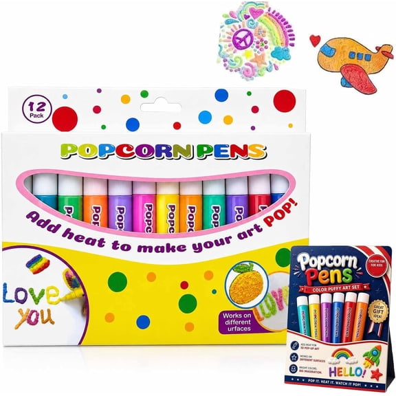 3D Puffy Popcorn Art Pen Set, 12 Colors Relief Gel Pens, Non-Toxic DIY Bubble Drawing for Arts and Crafts