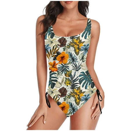 TrendVibe365 Bathing Suit for Women One-Piece Green Thong Adjustable Shoulder Strap Floral Swimwear Beachwear L