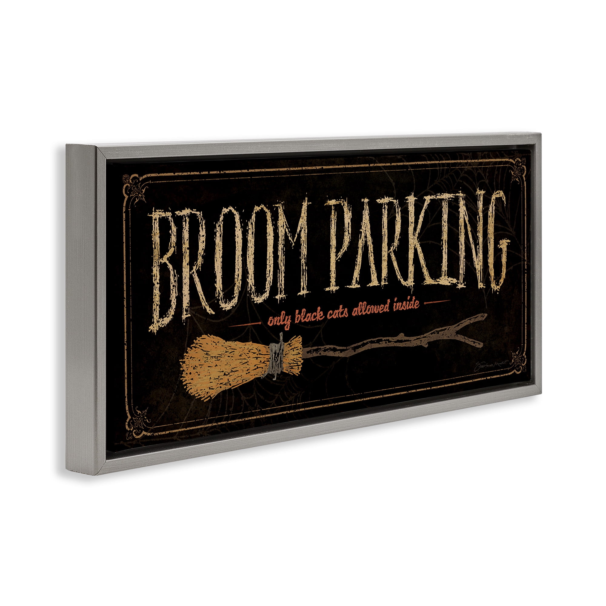 Stupell Industries Broom Parking Black Cats Allowed Holiday Painting Gray Floater Framed Canvas Art Print Wall Art, 31 x 14