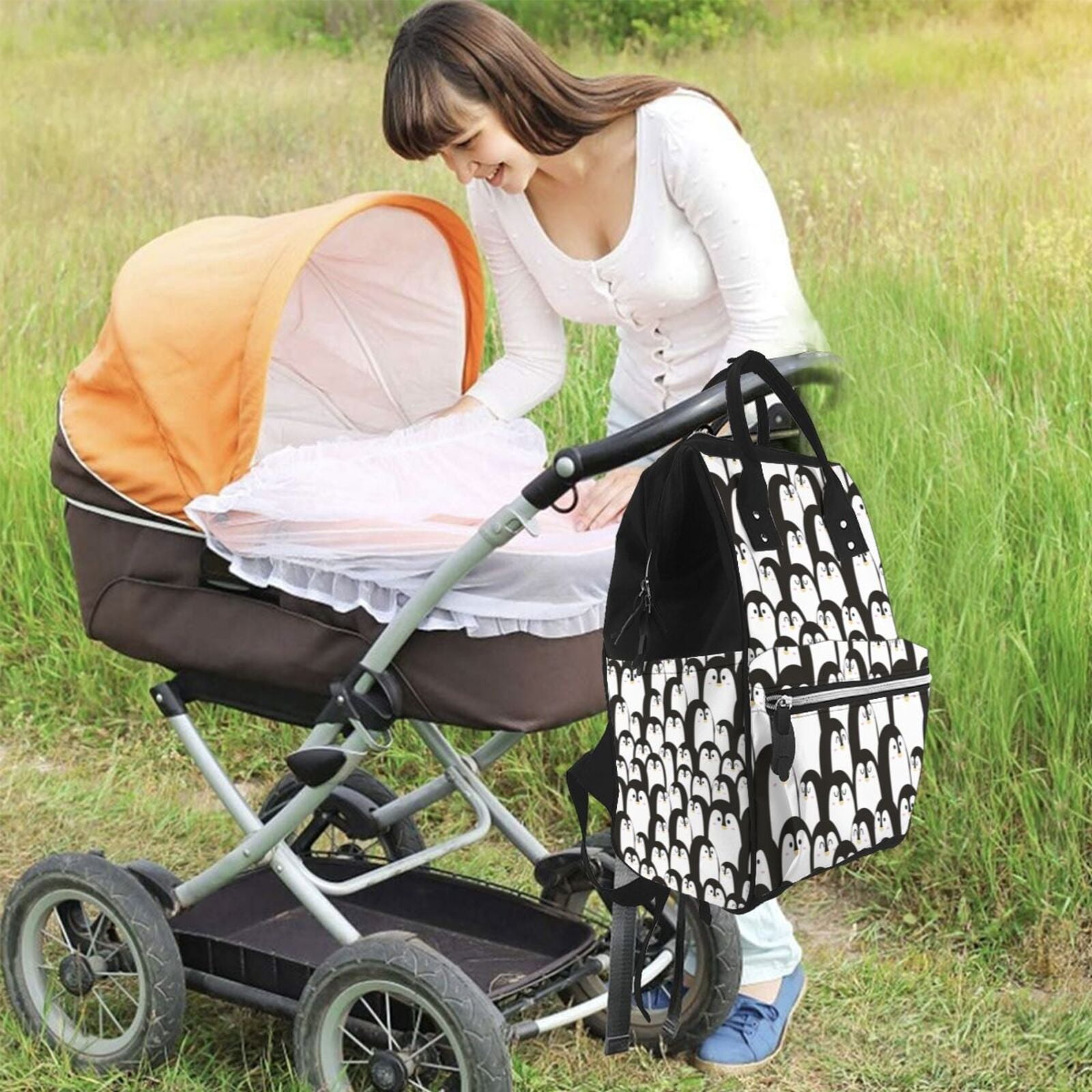 Ratiio Cartoon Penguin Mummy Backpack - Waterproof Twill Canvas, Large Capacity Diaper Bag with Multiple Pockets and Adjustable Straps