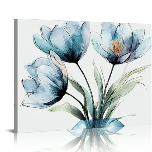 Patifu Flower Canvas Wall Art Art Prints, Lake Blue Floral Paintings, Spring Summer Leaf Plant Home Decor Living Room Office Wall Decor Ready to Hang Canvas Prints Artwork 20x16in