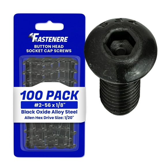 Fastenere Button Head Socket Cap Screws - 2-56 x 1/2" (100-Pcs) Alloy Steel, Fully Threaded, Fine Black Oxide Finish, Corrosion-Resistant, Machine Thread, Easy to Install w/ Allen Hex Drive