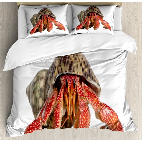 Hermit Crab Duvet Cover Set King Size, Close up Shot of a Coenobita Perlatus Marine, Decorative 3 Piece Bedding Set with 2 Pillow Shams, Sepia Vermillion, by Ambesonne