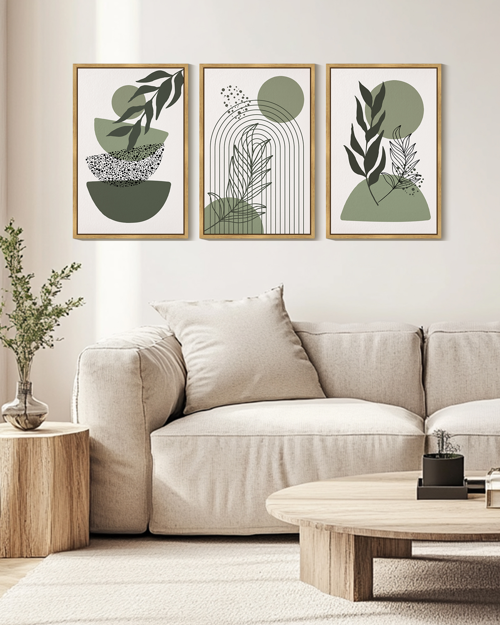 SHENIFY Green Boho Wall Art 16x24in3pcs Neutral Framed Modern Abstract Geometric Artwork Prints for Living Room Bedroom