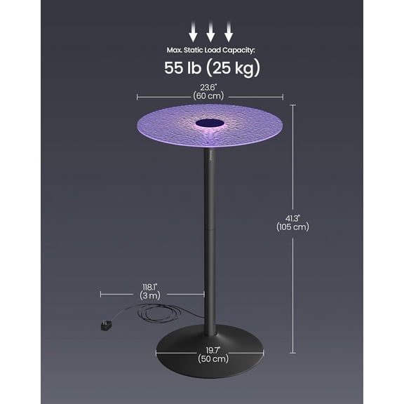 Round Bar Table with RGB Lights and Glass Top, 41.3 Inch Tall Cocktail Pub Table for Kitchen Bistro Party