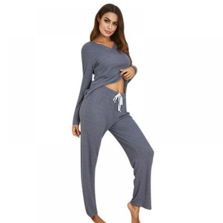 

Orchip Women Casual Long-sleeved Soild Color Plus Size Pajamas Suit Ladies Home Service