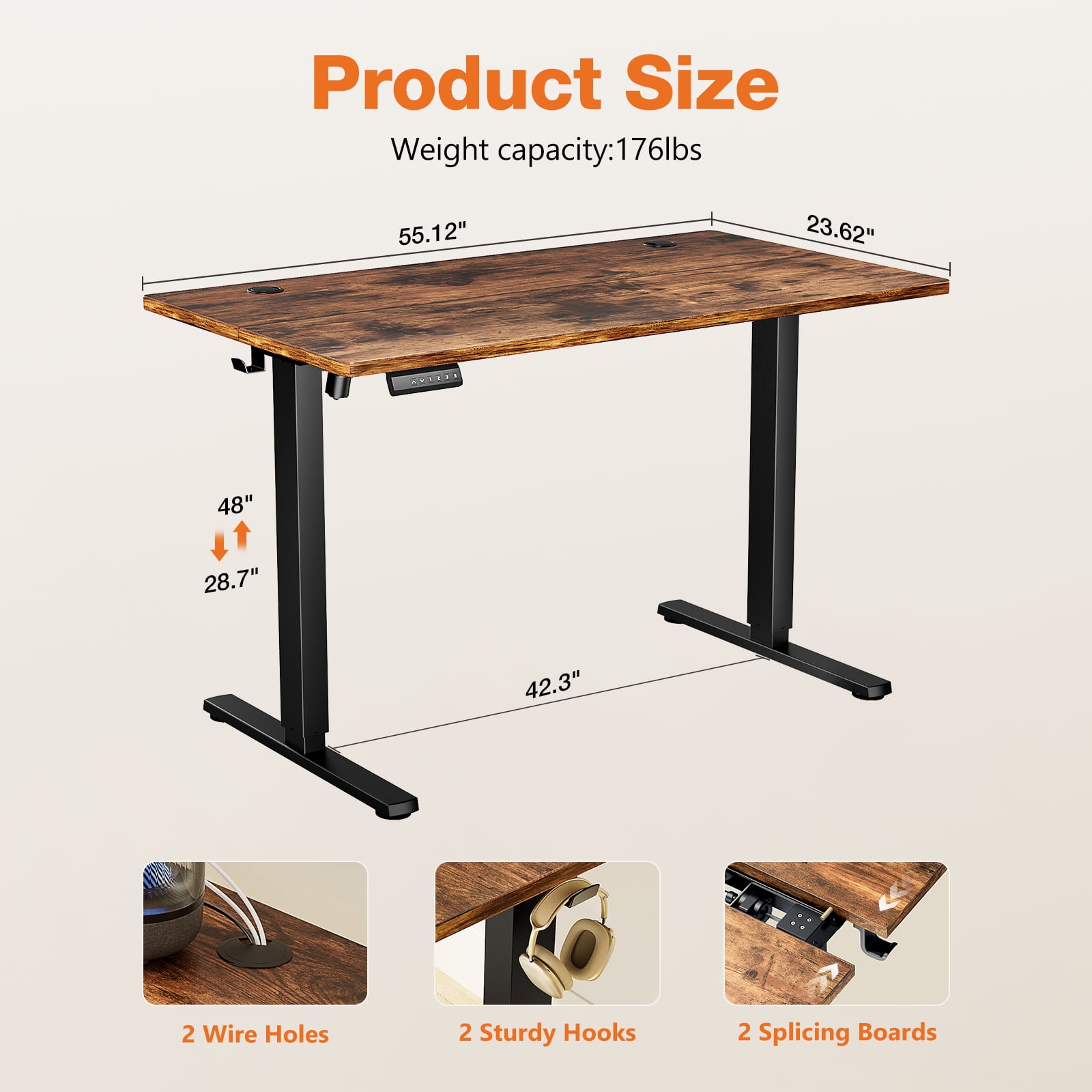 EDX Electric Adjustable Standing Desk - 40"x24" Sit-to-Stand Office Desk with 2 Hooks & Wire Hole
