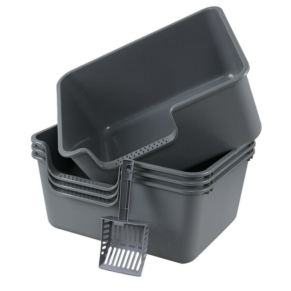 Nihenok 4-Pack High Side Plastic Cat Litter Box, Plastic Open Top Cat Litter Box with Scoop, Grey
