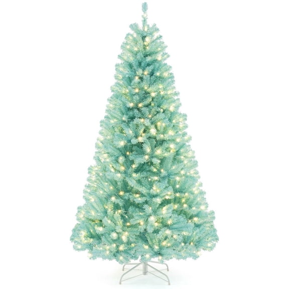 GVN 7ft Artificial Christmas Trees with 380 Warm White LED Lights and Foldable Metal Stand, Xmas Decoration Tree for Indoor, Outdoor, Holiday Decor, Blue