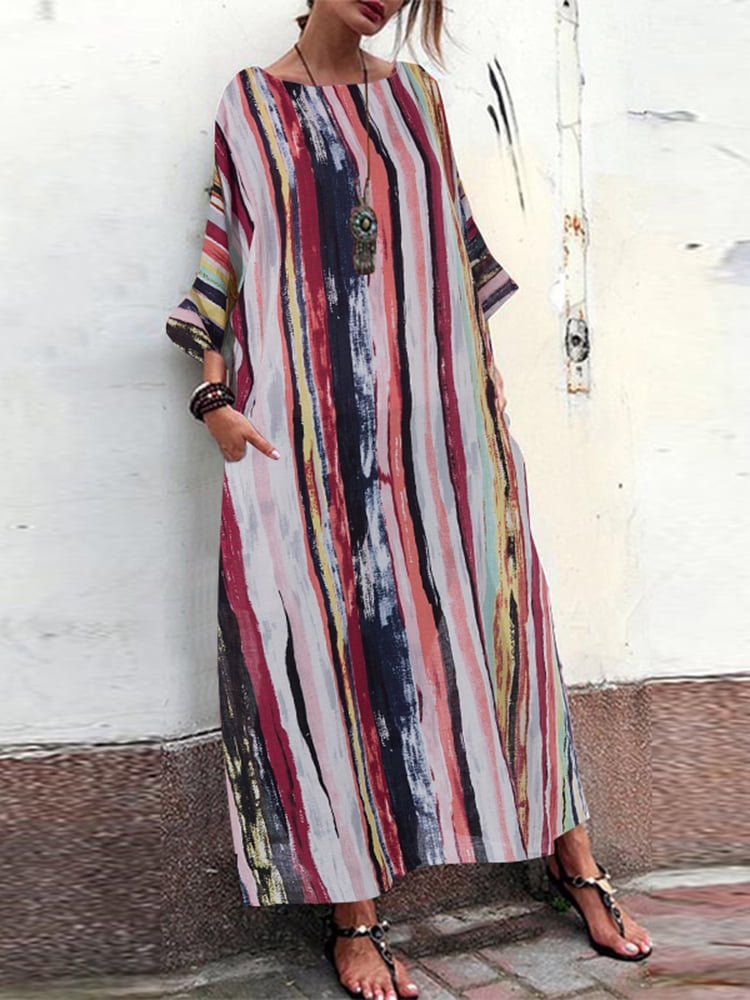ZANZEA Womens Full Length Dress Long Sleeve Stripe Kaftan Maxi Long ...