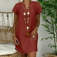 thumbnail image 5 of cocolona Women's Summer Plus Size Linen Dress V Neck Short Sleeve Solid Casual Loose Midi Dress Hawaiian Beach Sun Dress Red 4XL, 5 of 5