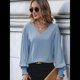 thumbnail image 4 of Camisa Informal Sencilla de Larga con Cuello en V para Mujer, Color Liso, Plisada, con Mangas Farol Azul M, 4 of 9