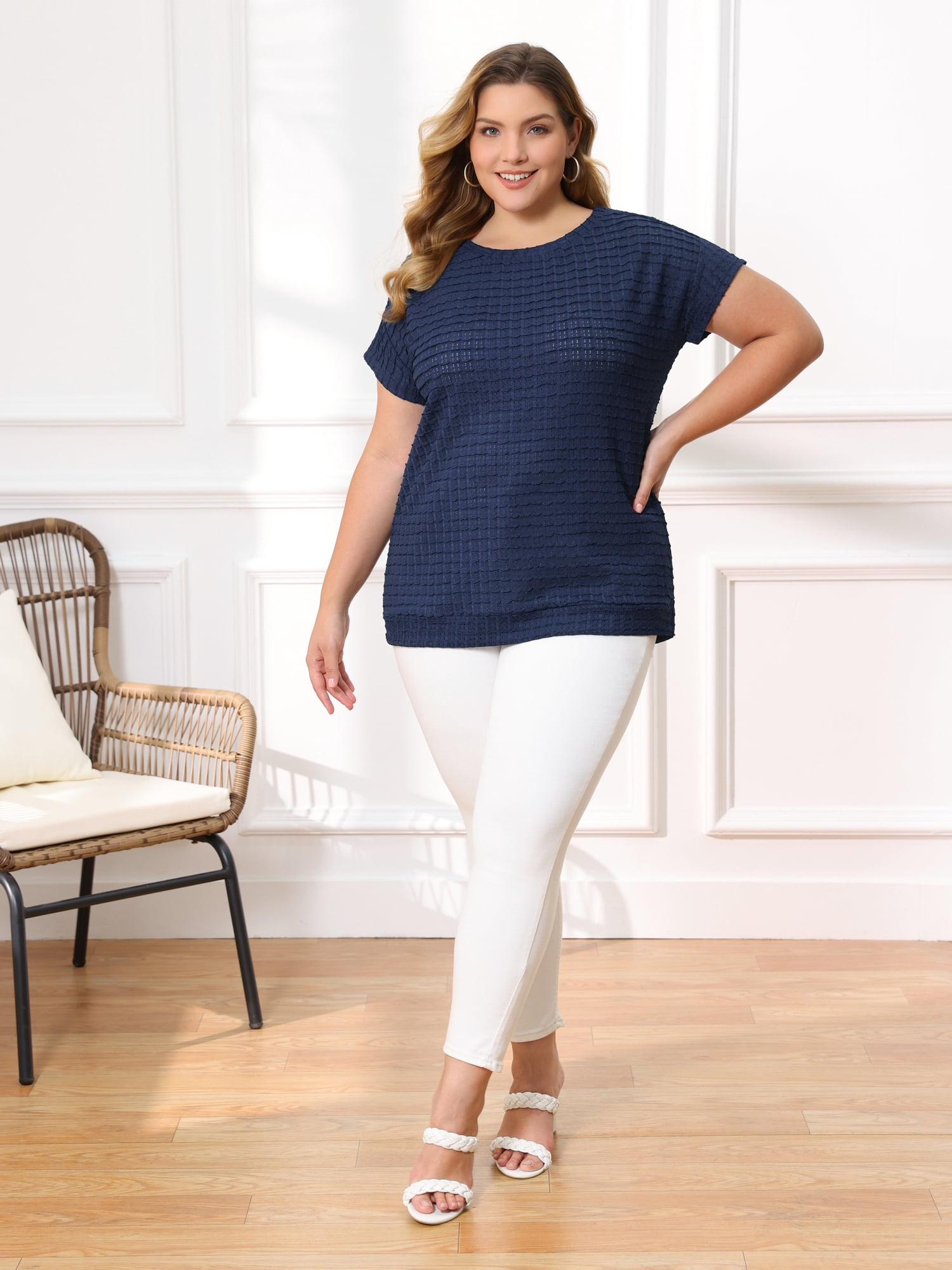 DARING DIVA Women's Plus Pointelle Knit Tops Casual Blouse 1X Navy Blue