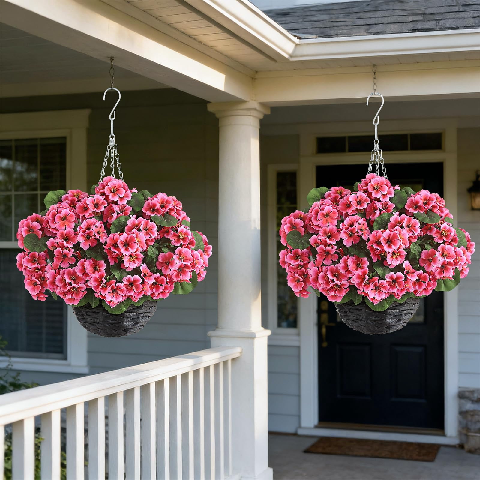 2 Set Artificial Geraniums Flowers with Hanging Baskets for Outdoors - Sun Resistant Silk with Geranium Flowers, Fake Hanging Planters for Front Porch Garden Patio Home Decor (Red)