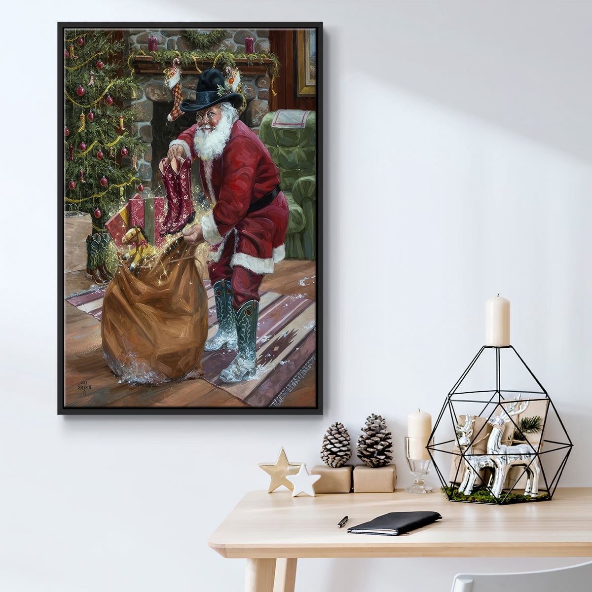 New Boots for Christmas - Framed Gallery Wrapped Holiday Canvas - 27 x 41 - Black Frame