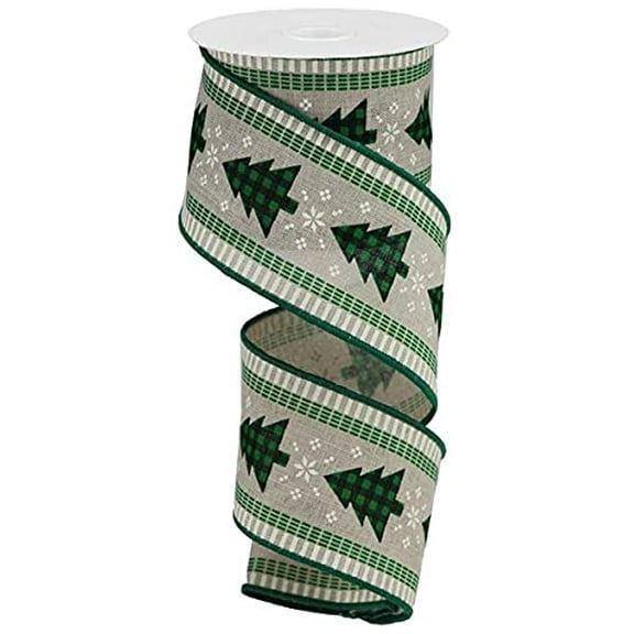 Christmas Trees Wired Ribbon, Green White 2.5 Inches X 10 Yards