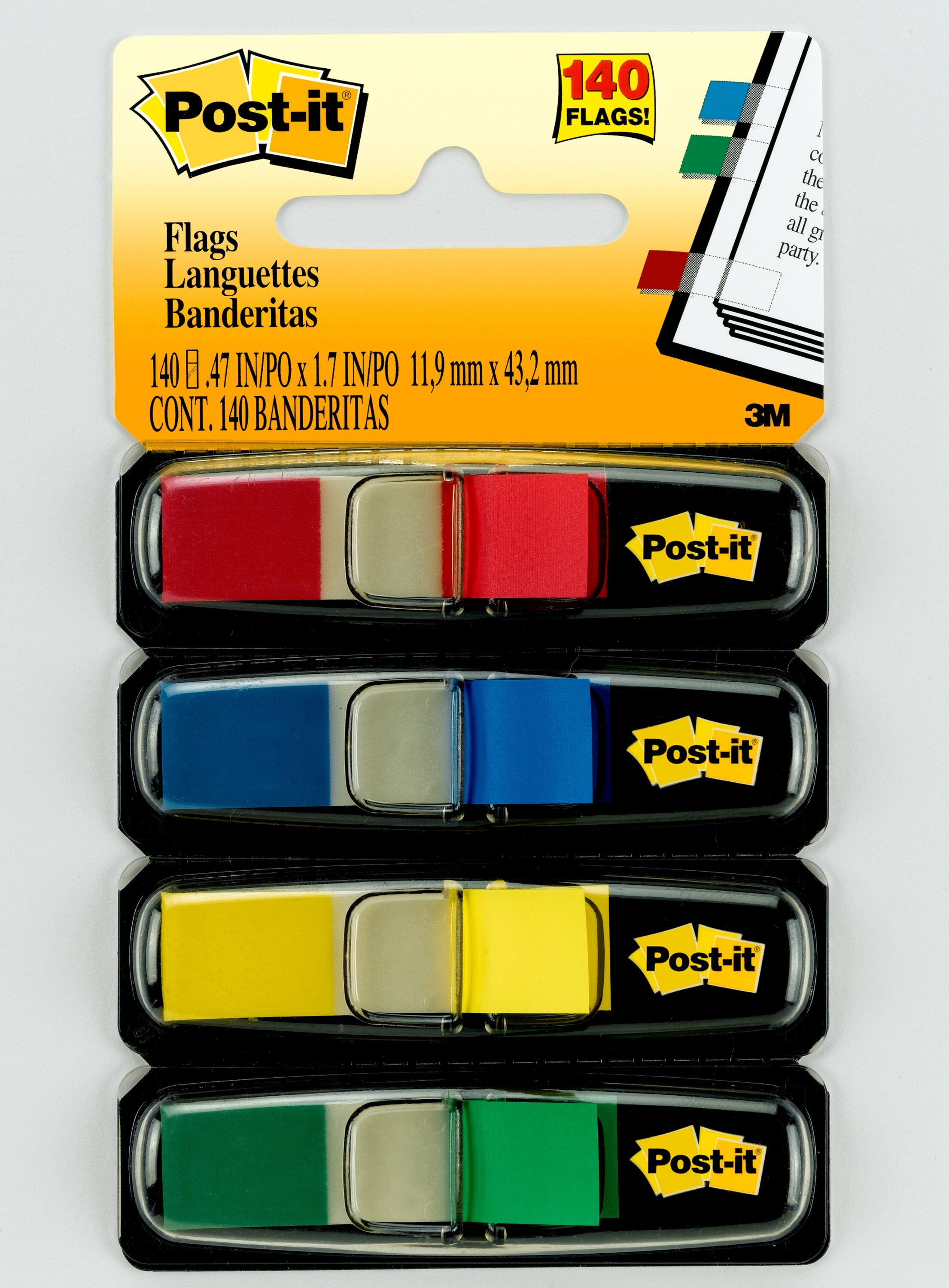 Postit Flags, Assorted Primary Colors, .5" Wide, 35 Flags/Dispenser