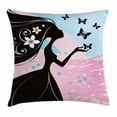 thumbnail image 1 of Spring Throw Pillow Cushion Cover, Silhouette of Madam Butterfly Floral Head in Soft Background Artwork, Decorative Square Accent Pillow Case, 18 X 18 Inches, Black Light Pink Sky Blue, by Ambesonne, 1 of 2