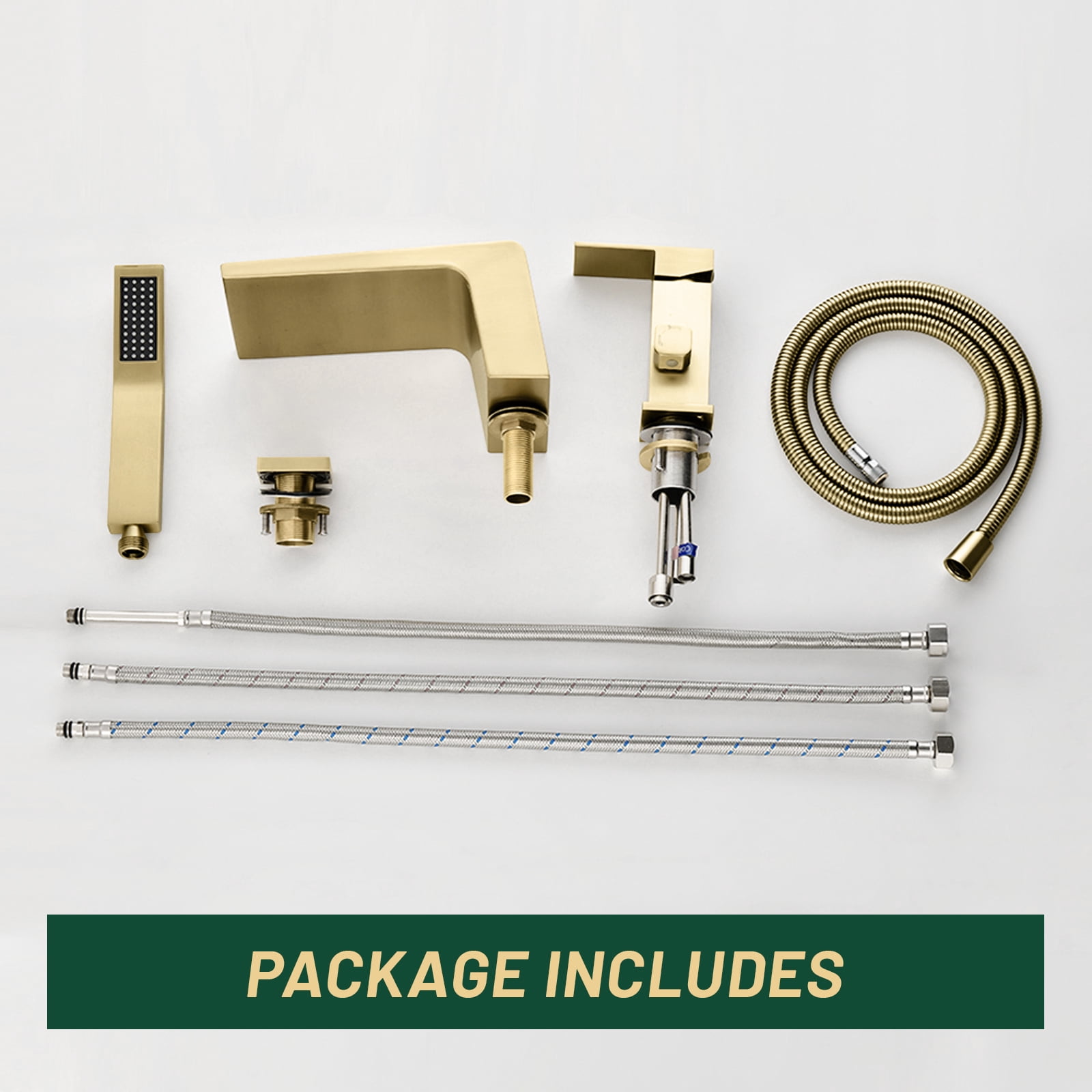 Cobbe Single Handle Bathroom Bathtub Faucet with 3.5-Inch Wide Waterfall Spout and Handheld Shower 3-Hole Deck Mount  Brushed Gold