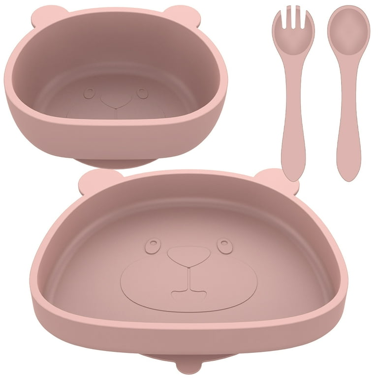Gpoty 4 Piece Kids Dinnerware Set Silicone Kid Plates and Bowls Set Baby Dishes Divided Toddler Plates for Child Cartoon Pattern Design bear
