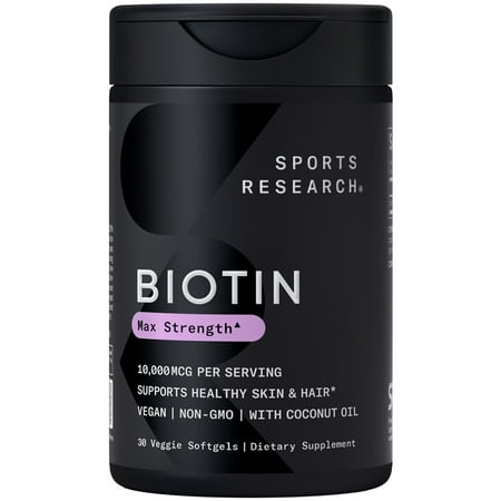 Sports Research® Vegan Biotin 10,000mcg w/ Coconut Oil Max Strength 30 Veggie Softgels Non-GMO (30 Veggie Softgels)