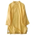 thumbnail image 1 of YFELWZ Women's Plus Size Double Layered Literary Retro Placket Pan Button Linen Three Quarter Sleeve Solid Color Midi Top Yellow XL, 1 of 9