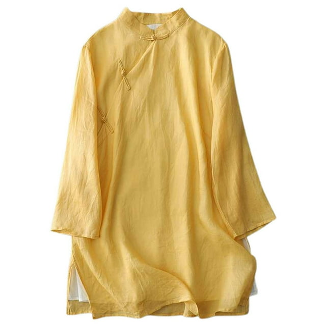 YFELWZ Women's Plus Size Double Layered Literary Retro Placket Pan Button Linen Three Quarter Sleeve Solid Color Midi Top Yellow XL