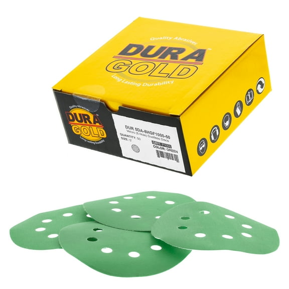 Dura-Gold Premium 1000 Grit 5" Green Film Sandpaper Discs, 8 Hole Pattern Dustless, 50 Discs - Hook & Loop Backing for Orbital DA Sander, Detailing Finishing Color Sanding Auto Paint Woodworking
