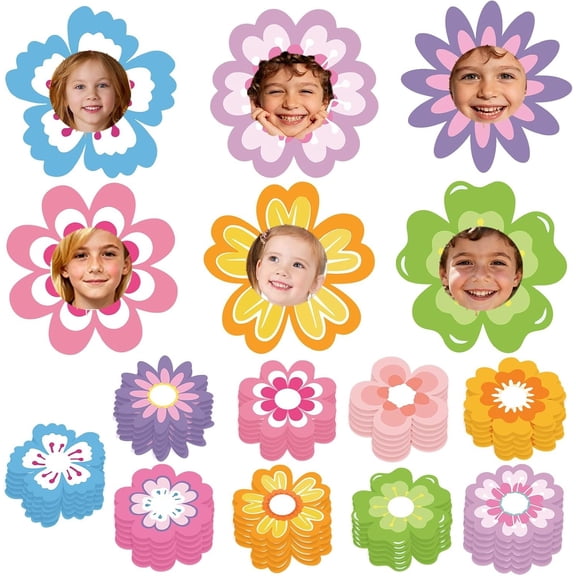 54 count Flower Faces Cutouts Bulletin Board Decorations to School Decor Floral DIY Classroom Photo Paper Cutout for Pictures Cartoon Craft Wall Decoration with 100 Glue for Party Supplies