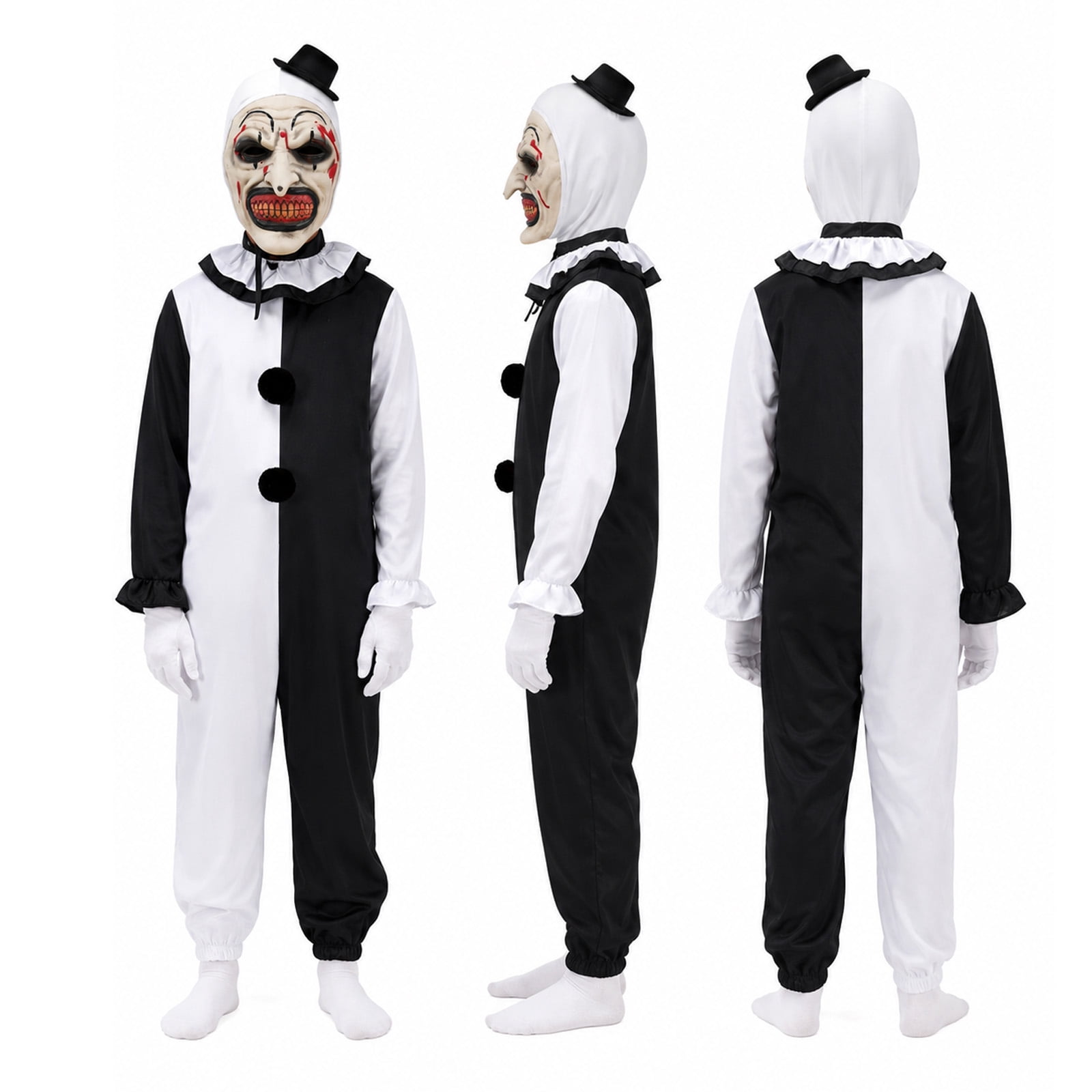 GOBWCOT Kids Clown Costume Terrifying Killer Black & White Scary Clown Jumpsuit Outfit with Mask, Knife Prop, Gloves for Halloween