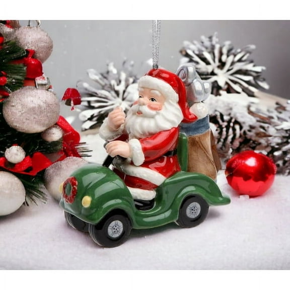 Ceramic Christmas Golf Cart Santa Ornament 3.875 x 1.875 x 3.625 Gift for Golfer