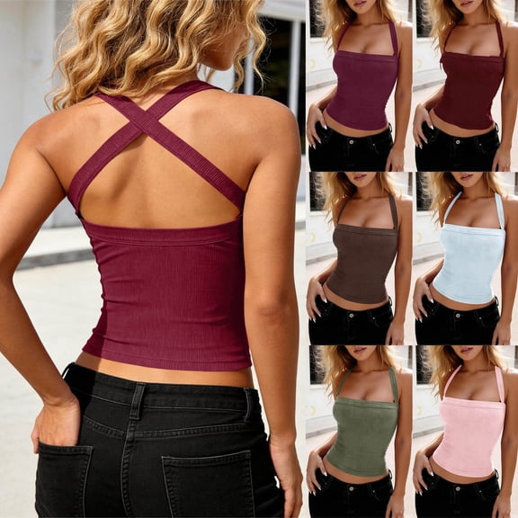 FRSASU Women's Sleeveless Tank Top Hot Girls Open Back Slim Fit Halter Neck Backless Crop Tops White