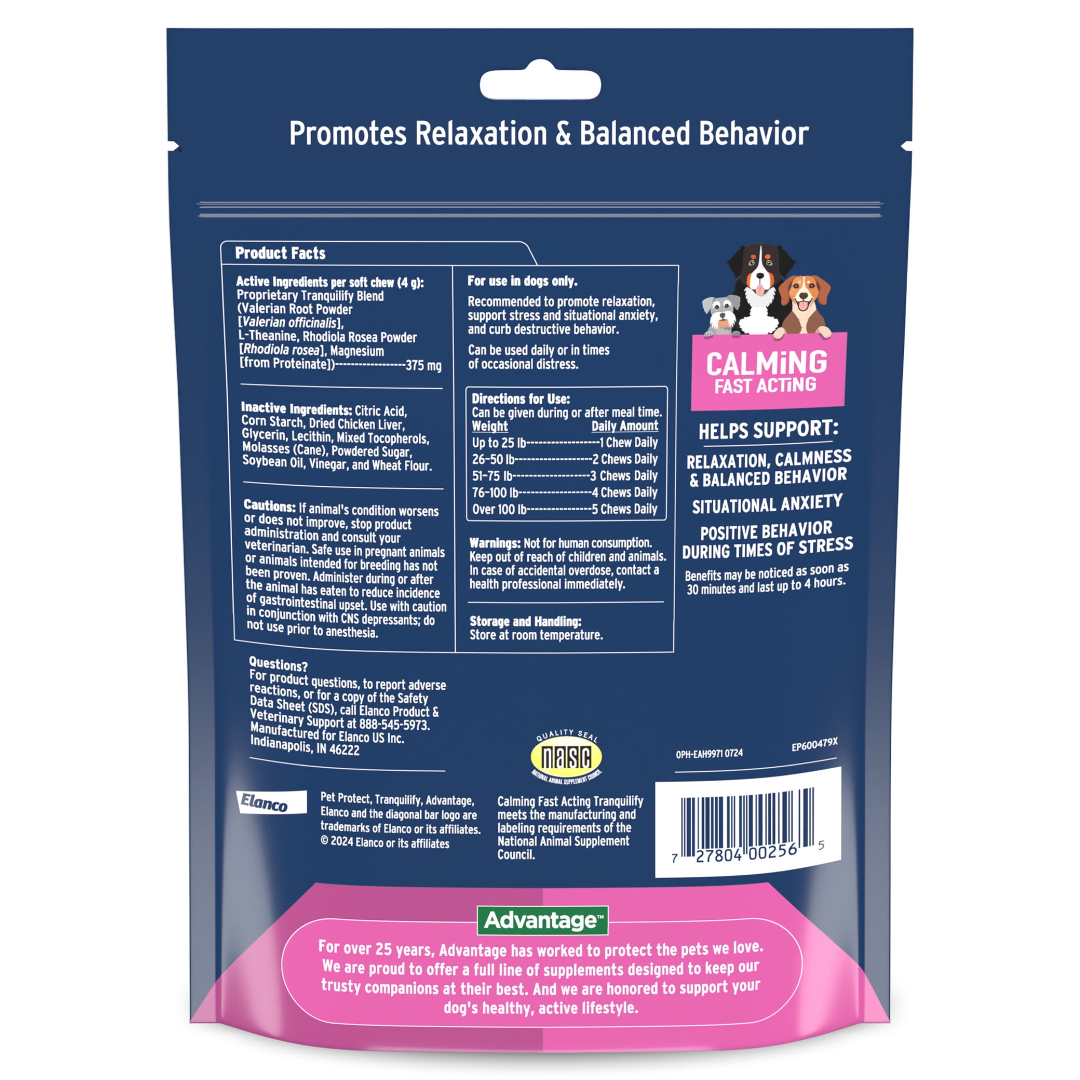 Pet Protect Fast-Acting Calming Chews for Dogs, Vet-Formulated Tranquilify, Chicken, 60 Soft Chews