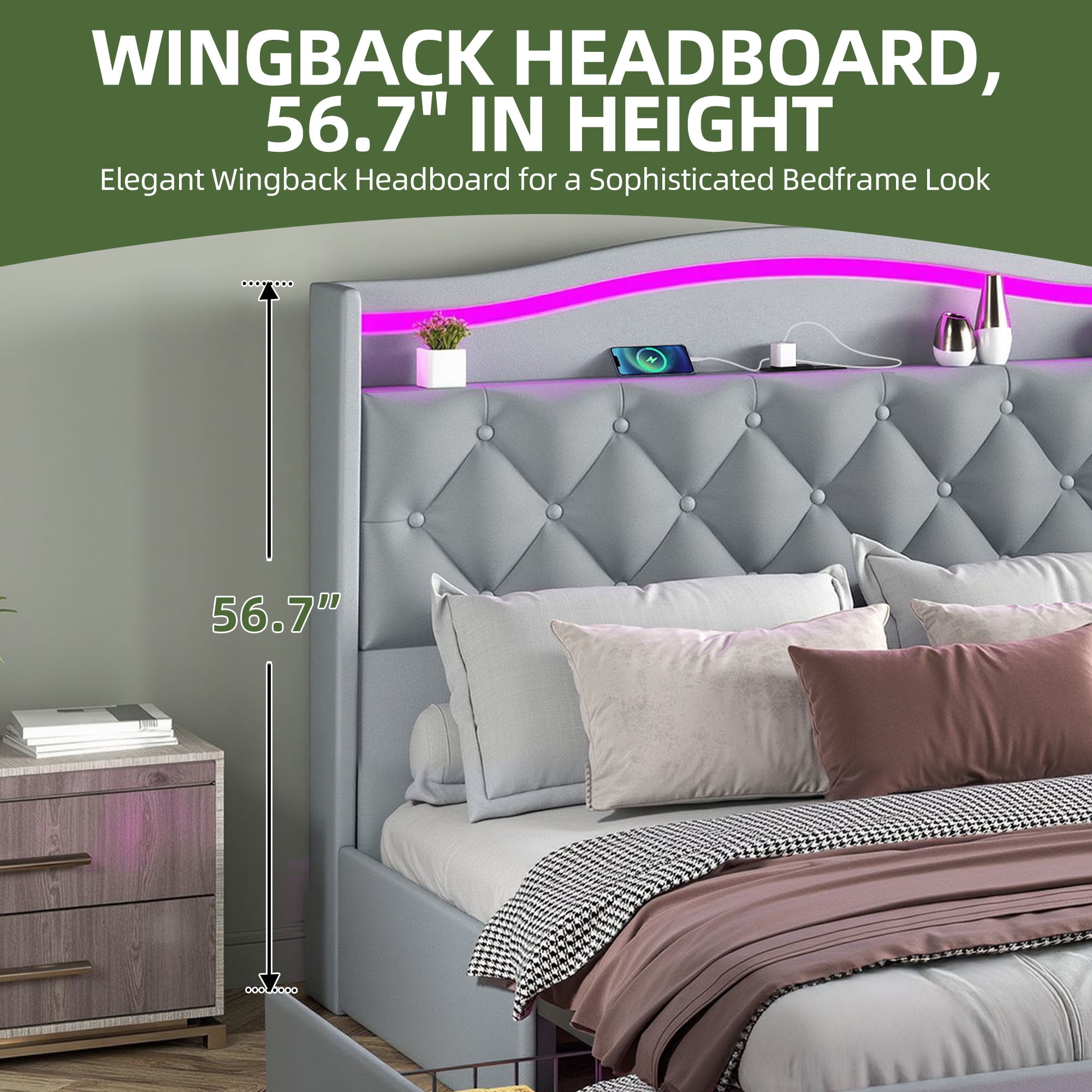 Uforic Queen Size Velvet Upholstered Bed Frame with RGB LED Ambient Light, Built-in Charging Station, No Box Spring Required, Gray