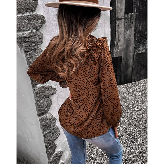V Neck Animal Print Shoulder Ruffle Bishop Sleeve Blouse for Women